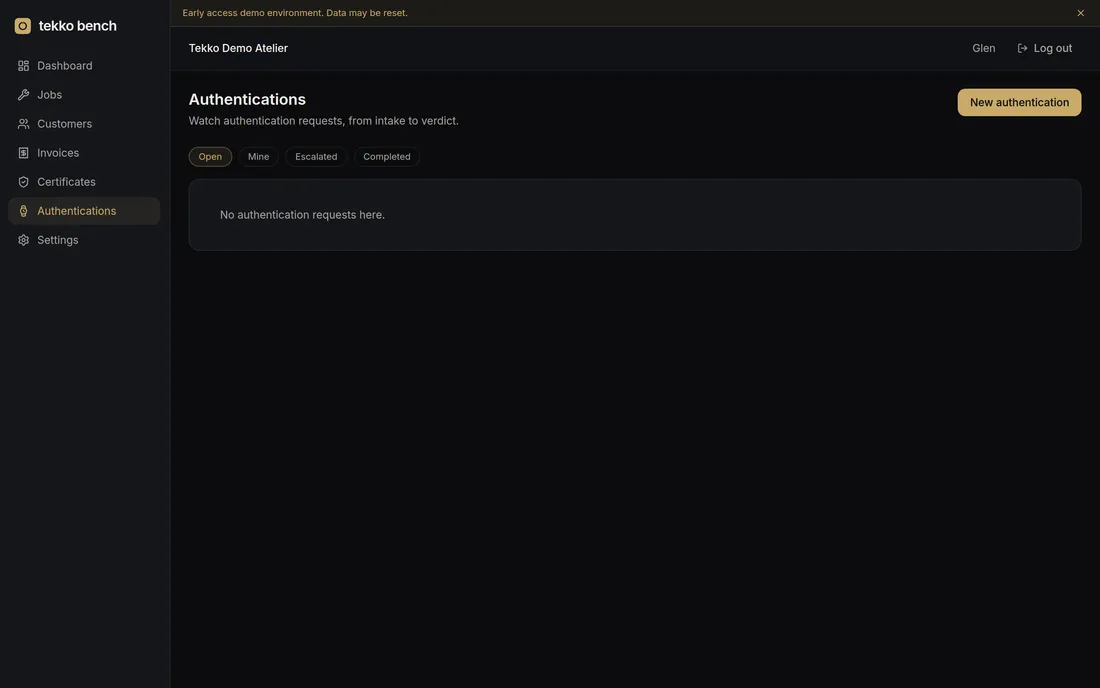 Tekko Bench authentication operations queue