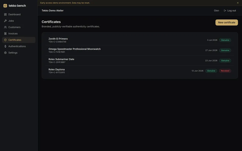 Tekko Bench certificates screen