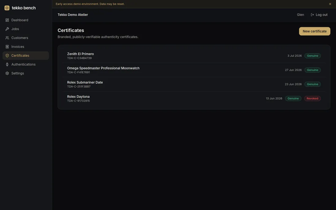 Tekko Bench certificates list screen