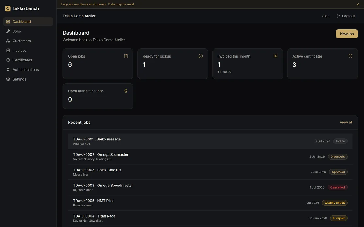 Tekko Bench dashboard showing jobs, invoices, and certificates