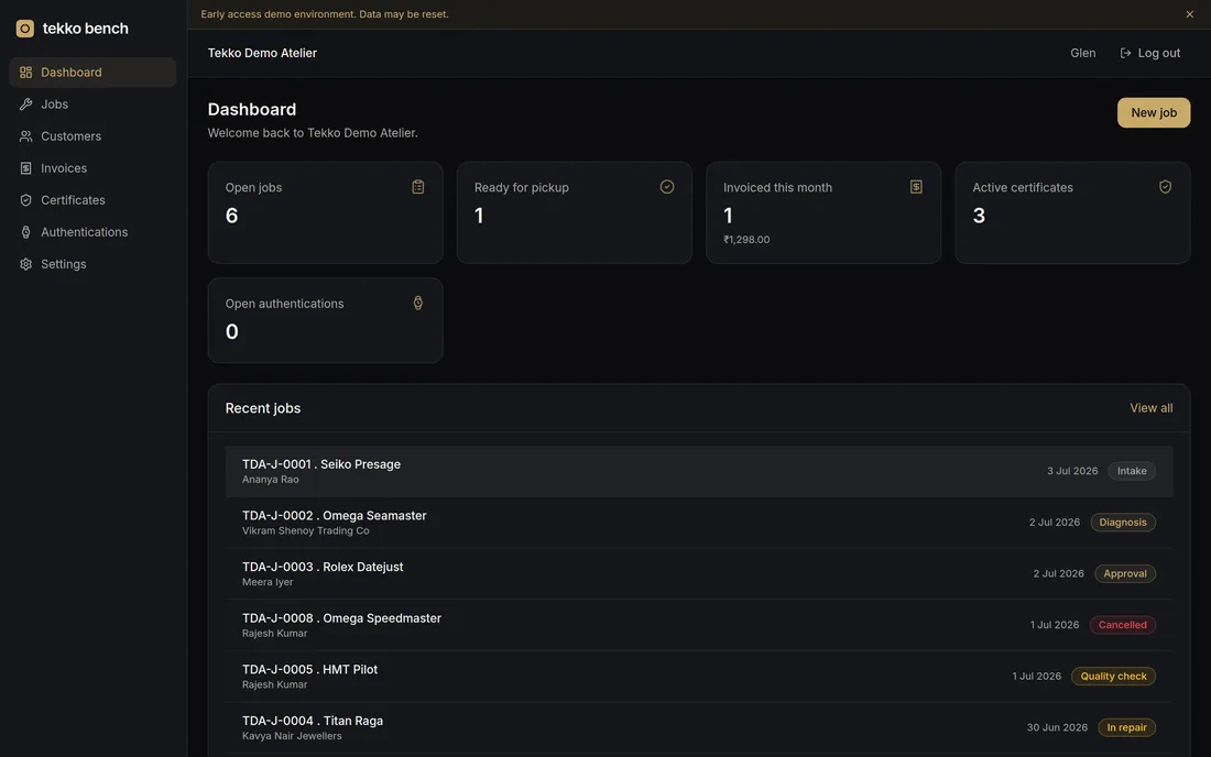 Tekko Bench dashboard showing jobs, invoices, and certificates