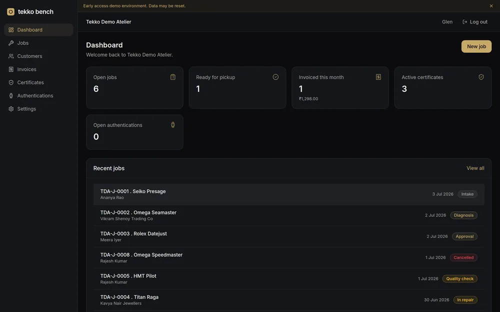 Tekko Bench dashboard showing jobs, invoices, and certificates