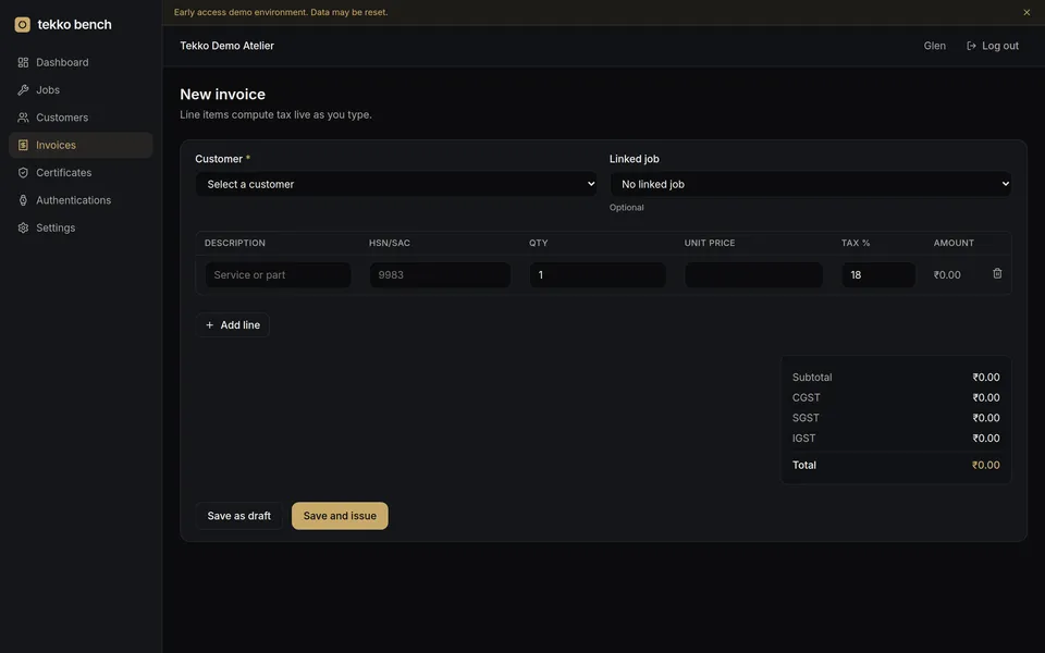 Tekko Bench invoice detail screen with GST line items