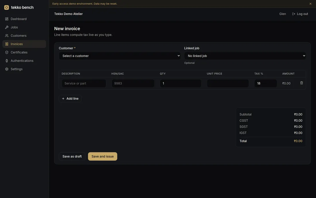 Tekko Bench invoice detail screen with GST line items