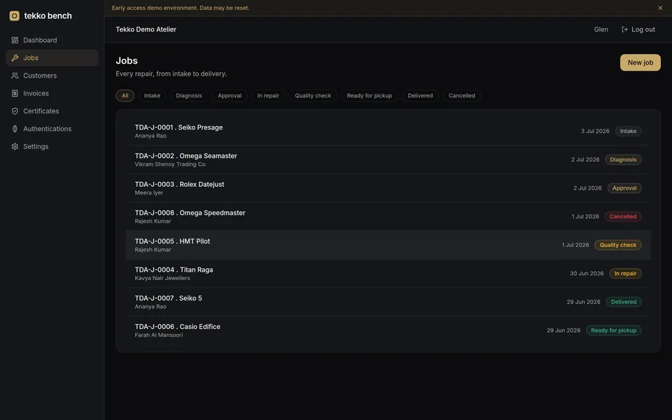 Tekko Bench job cards screen, showing status and history