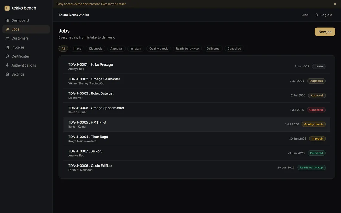 Tekko Bench jobs list screen