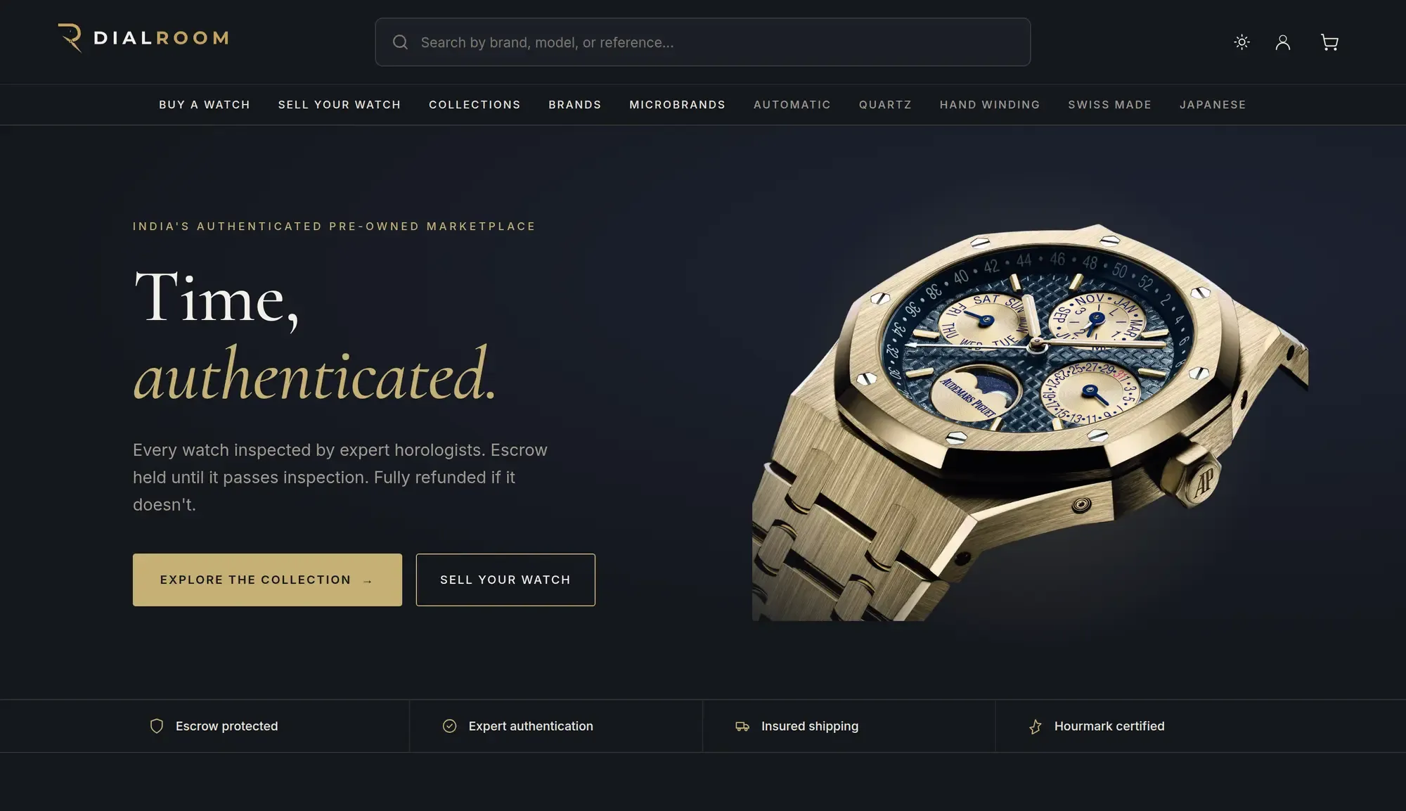 The Dialroom marketplace storefront, showing the authenticated pre-owned watch collection