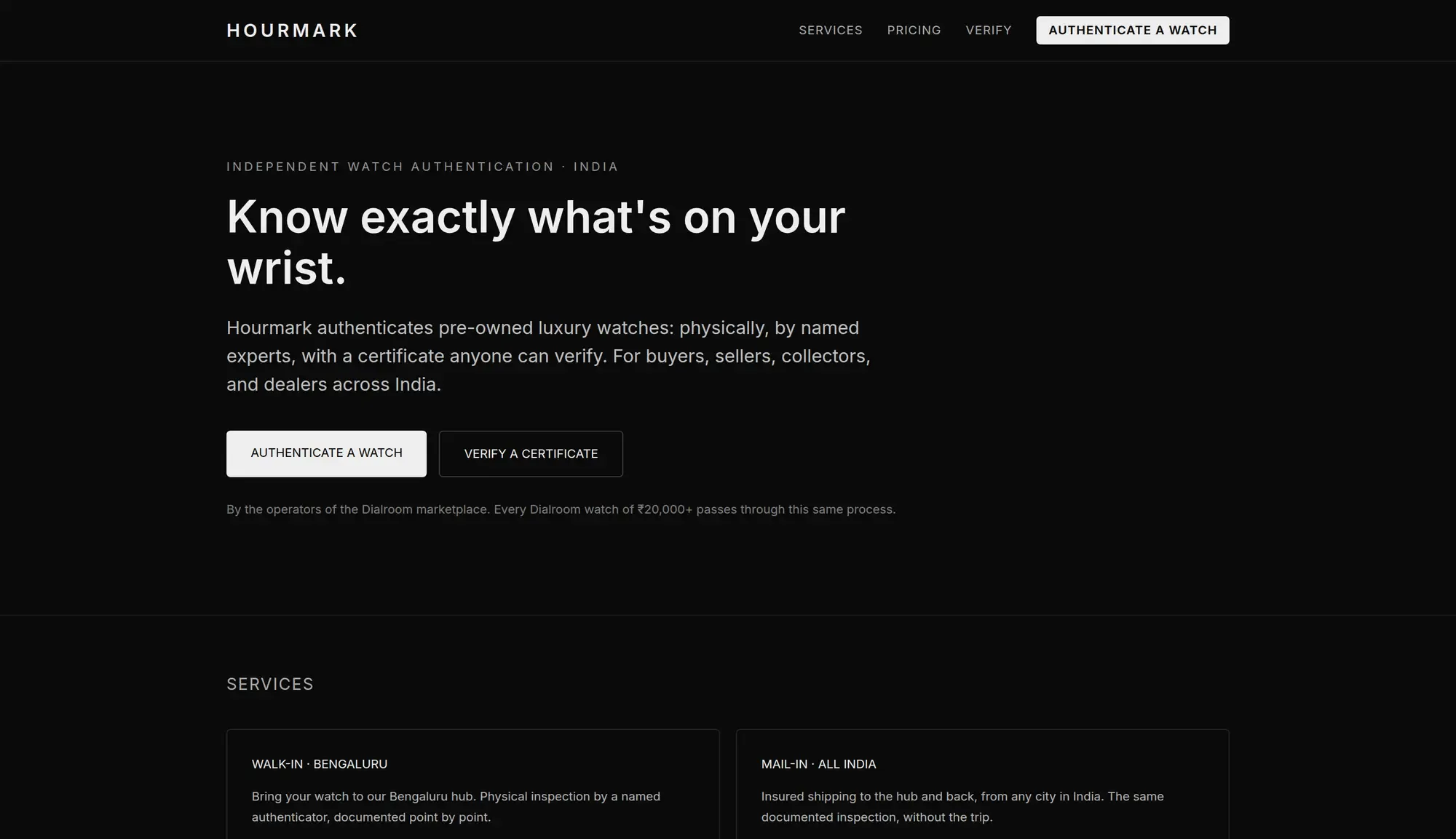 Hourmark, showing its authentication services and certificate verification