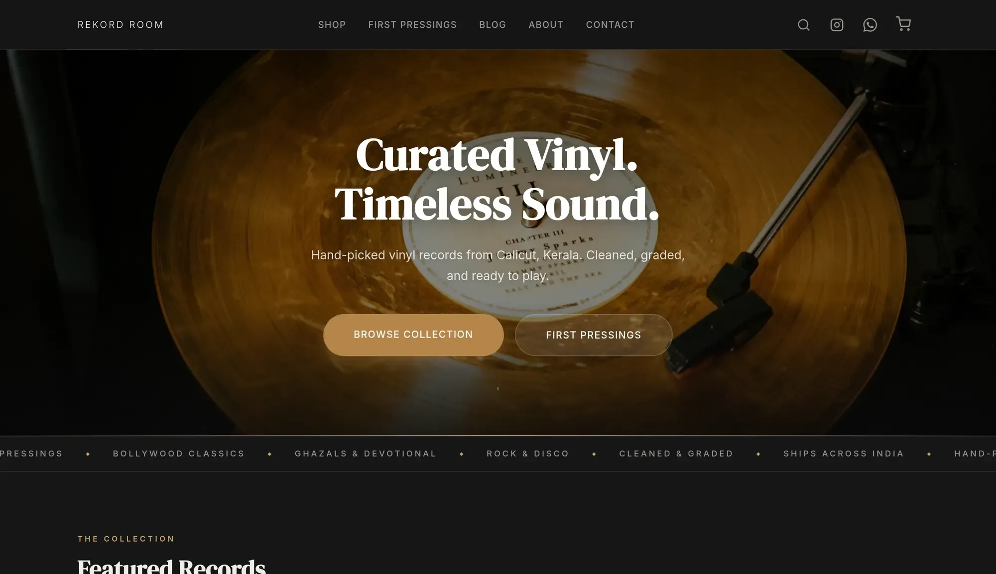 The Rekordroom vinyl storefront home page with its curated collection